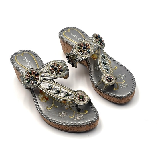 John Fashion Silver Embroidered Beaded Floral Boho Cork Wedge Sandals Size 8 - Picture 3 of 11